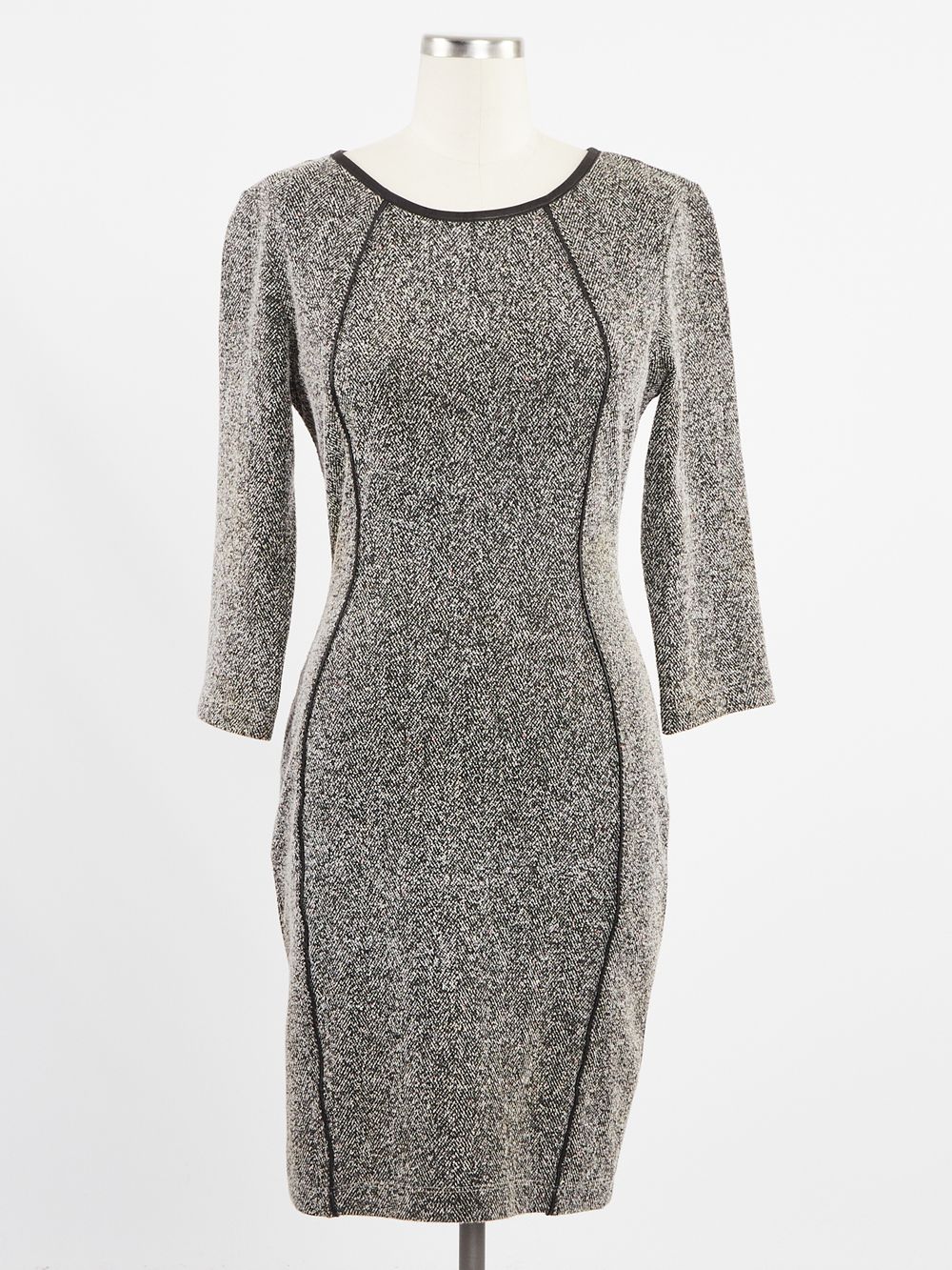A heather gray short-sleeve knit sweater shown from multiple angles on a white background.