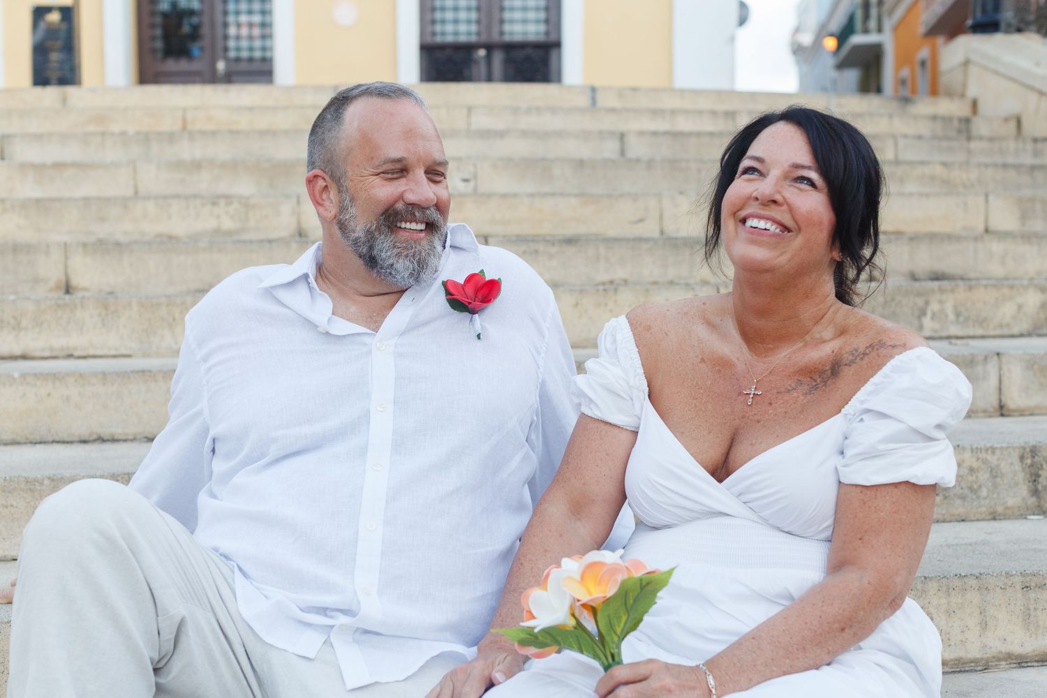 Wedding portrait. Seated on stairs in Old San Juan, Puerto Rico.