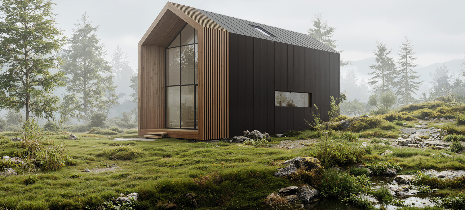 Modern black cabin retreat nestled in misty mountain forest with panoramic windows and minimalist architecture.