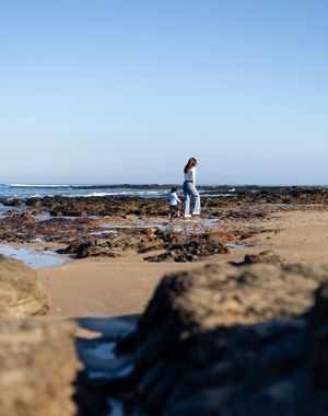 A person stands on a rocky beach shore at sunset examining tide pools along the volcanic coastline.