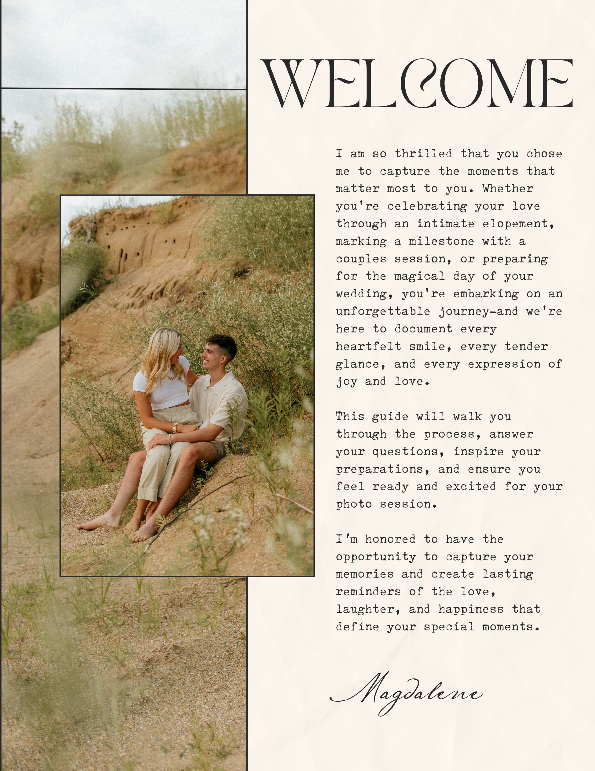 A photographer's welcome guide collage featuring warm outdoor photoshoot moments and professional text layouts in earth tones.
