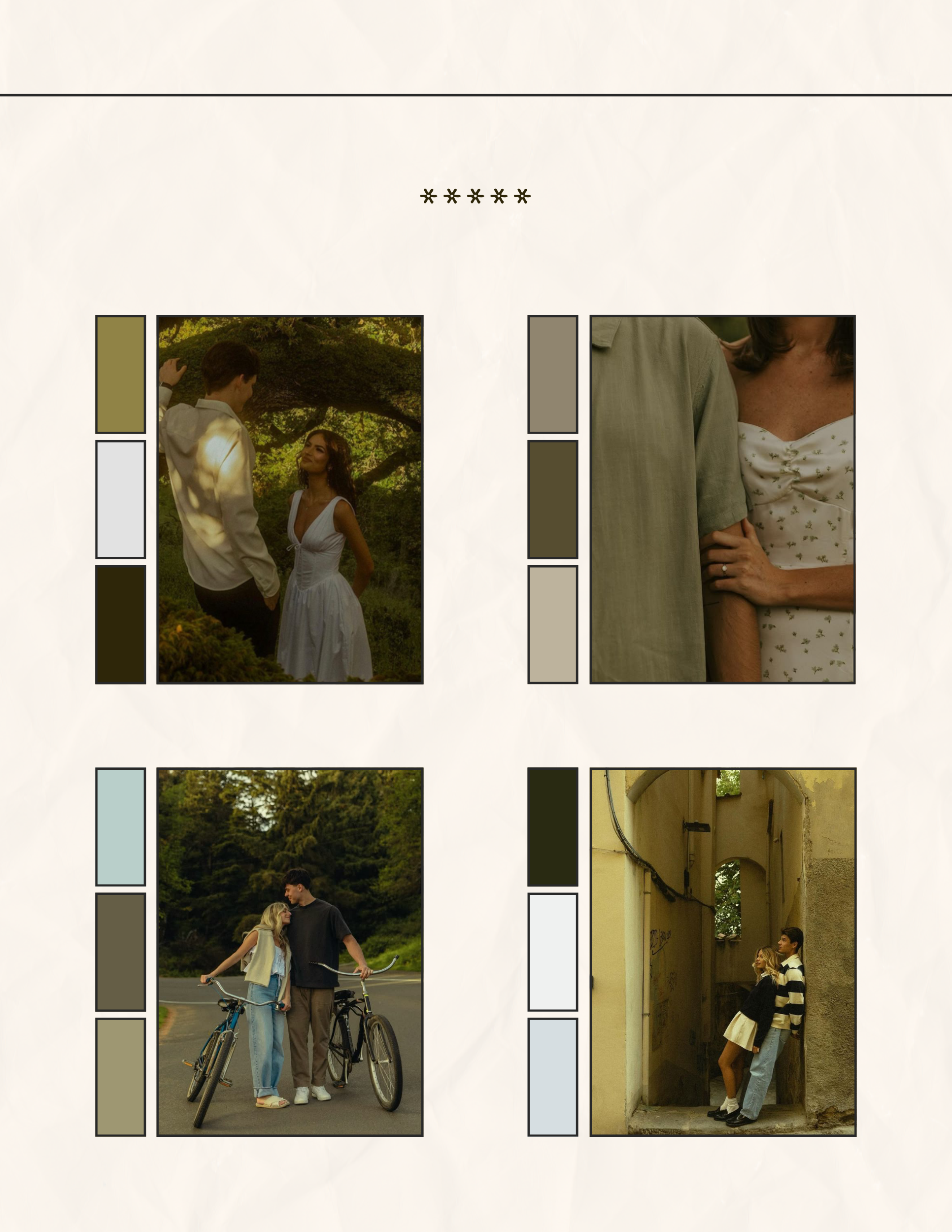 A series of vintage-style film photos showing scenes of a bicycle, doorways, and soft sunlit moments in a natural setting.