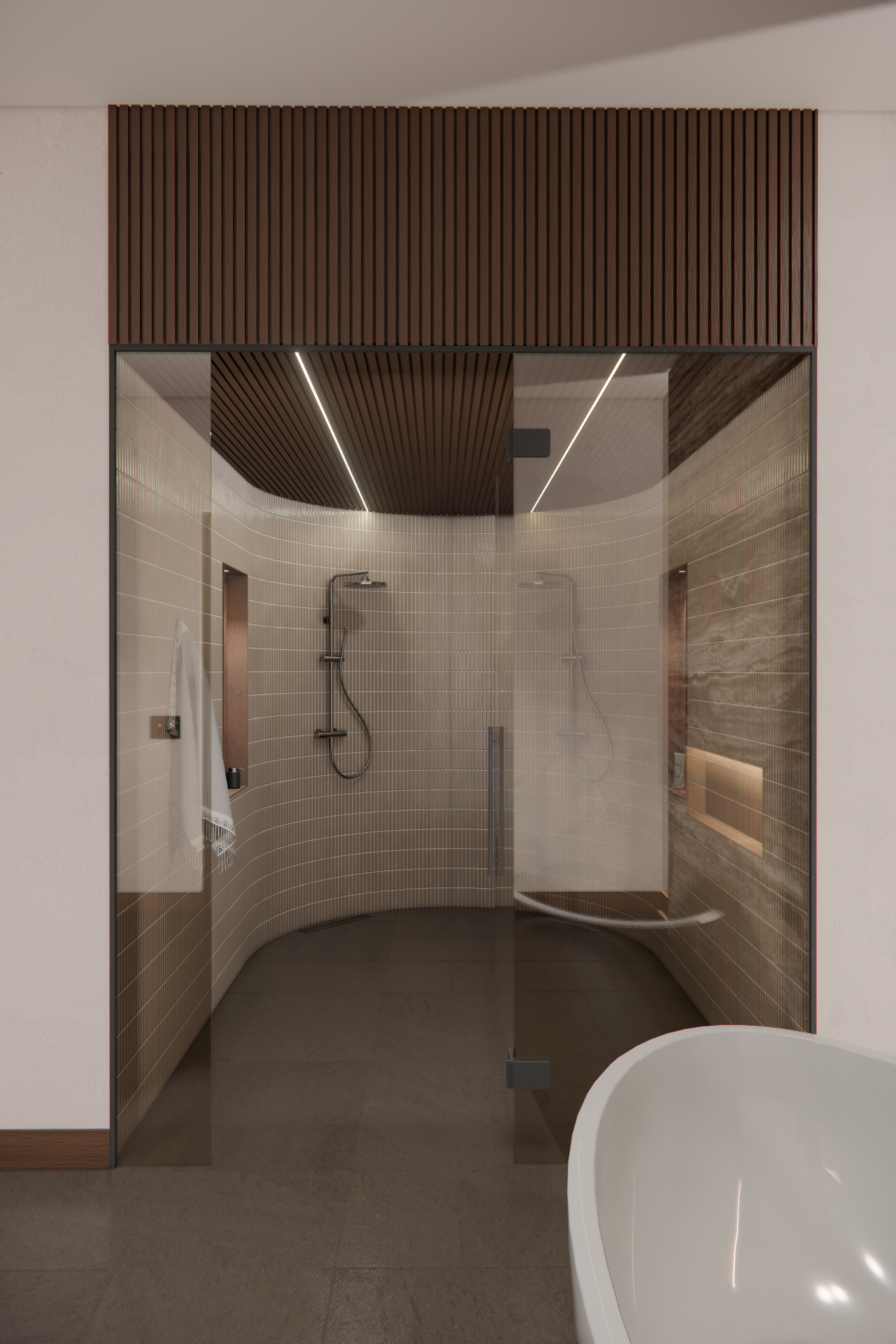 Modern spa bathroom interior with curved glass shower enclosure, brown wood ceiling detail and LED lighting.