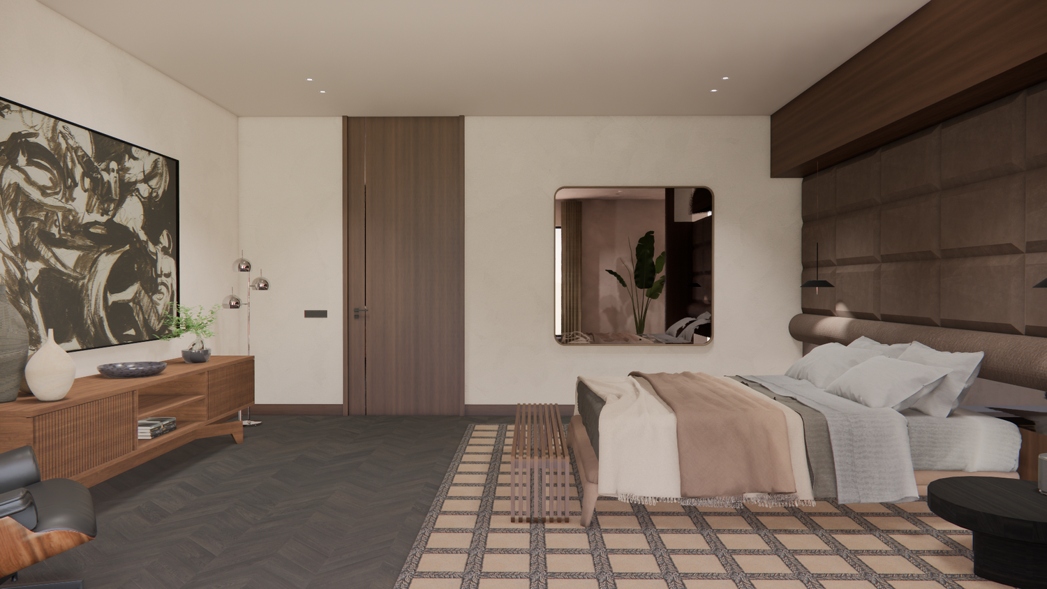 Modern minimalist living room with exposed wooden beams features neutral colors and sleek contemporary furniture.