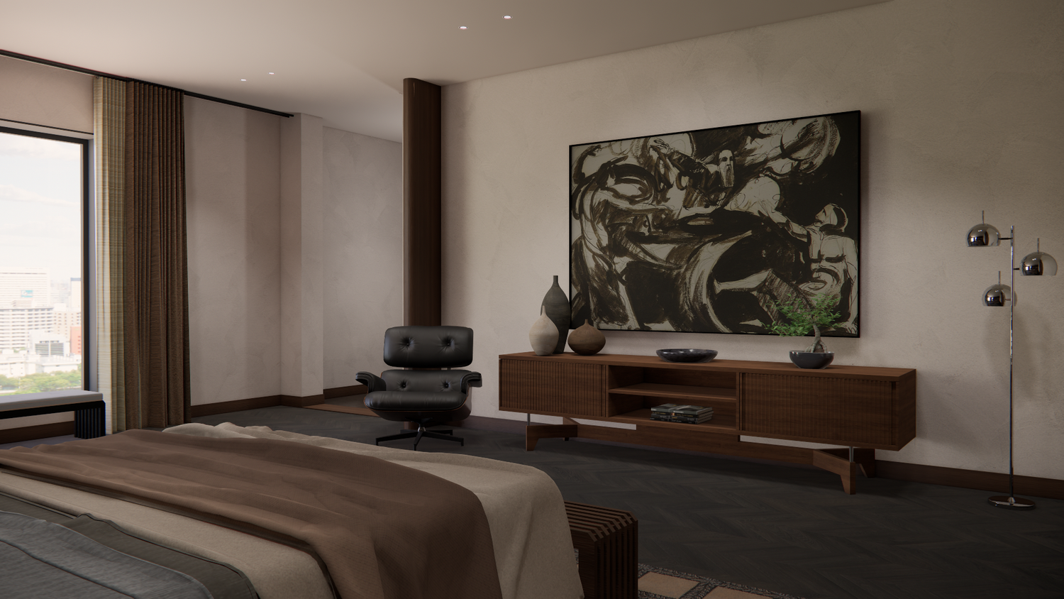 Modern minimalist living room features dark leather furniture and a sleek entertainment center with ambient lighting.