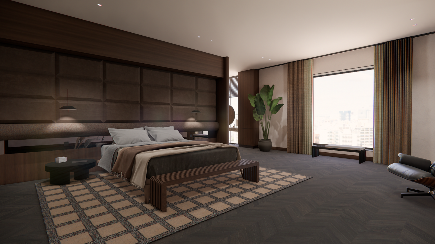 Modern Japanese apartment interior with wood floors, minimalist decor, and natural light streaming through large windows.