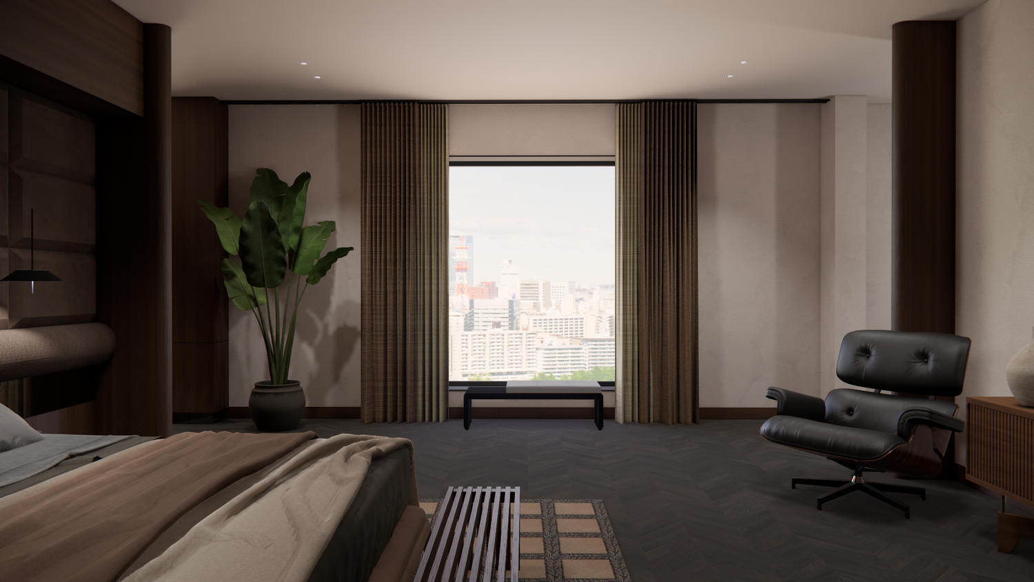 A modern minimalist apartment interior features clean lines, neutral tones, and sleek furnishings with natural light.