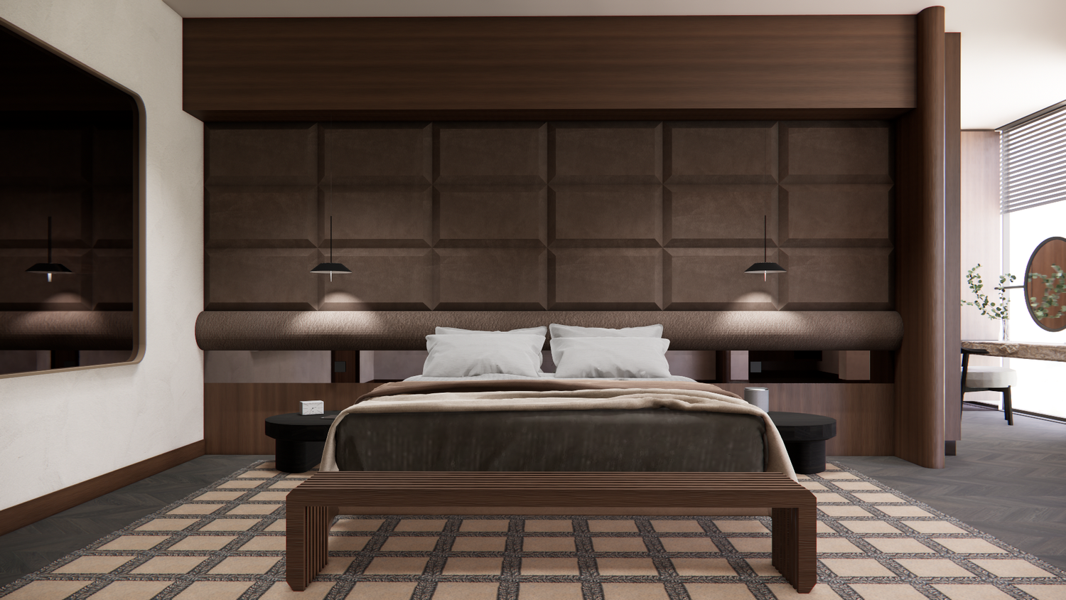 Modern bedroom interior with dark brown paneled walls, platform bed, and geometric patterned floor.