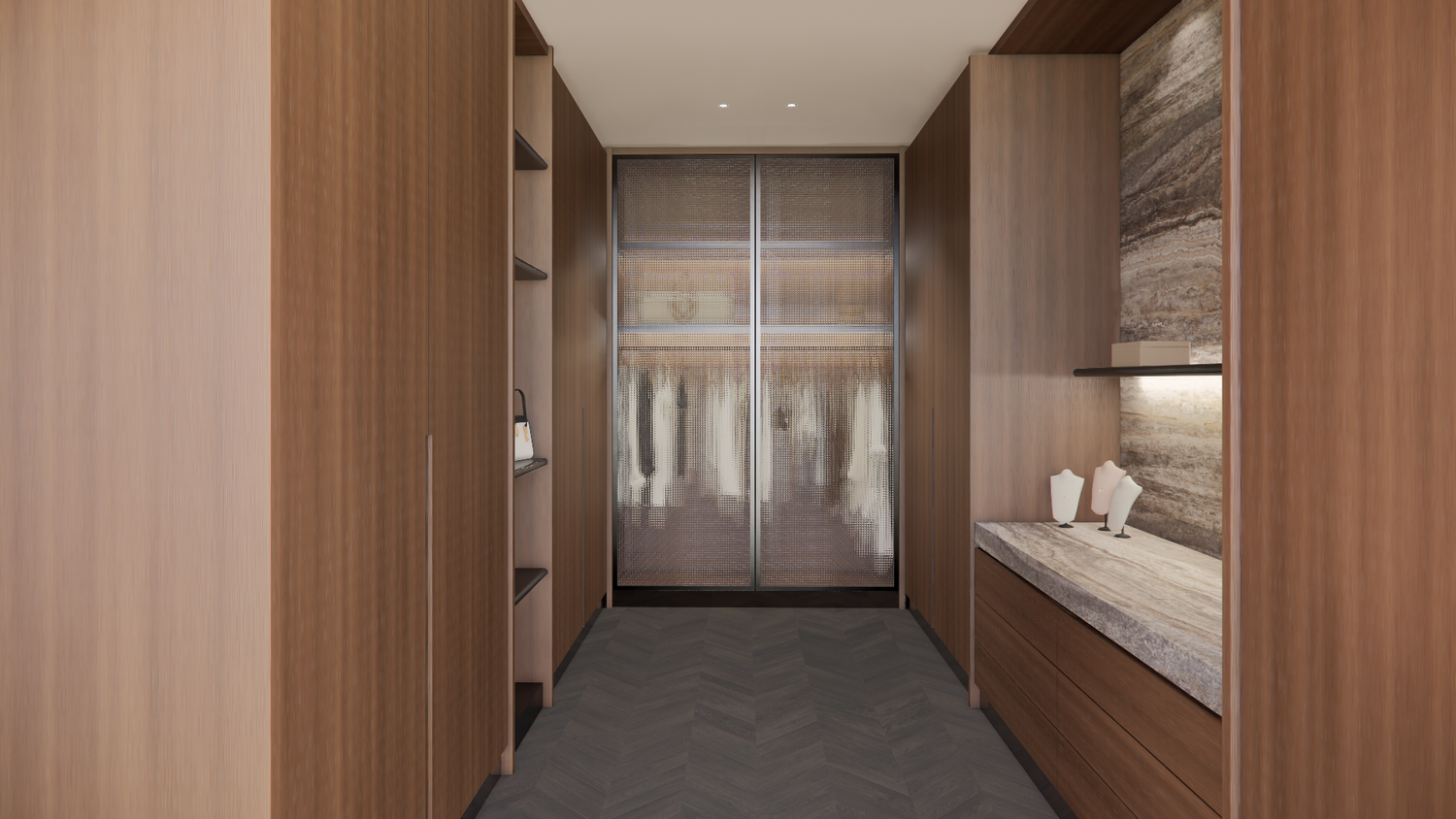 Modern hallway with warm wood paneling, recessed lighting, and minimalist design extends into a luxurious interior space.