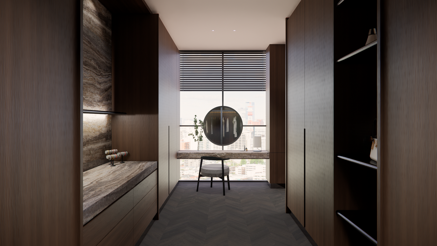 Modern minimalist interior hallway with dark wood paneling and natural light from floor-to-ceiling windows.