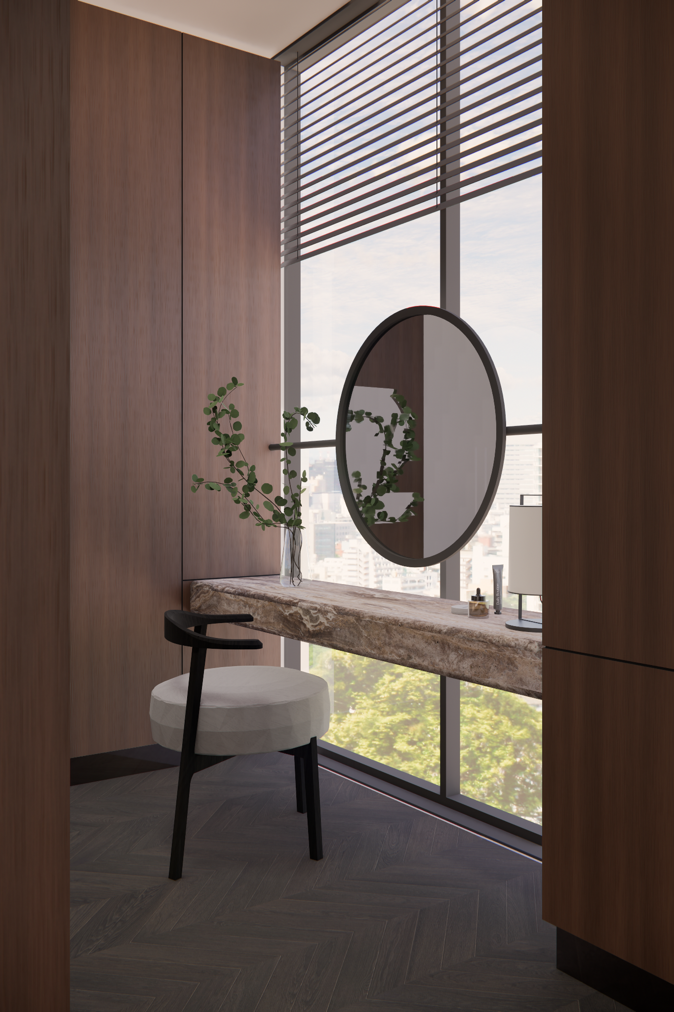 Modern minimalist room interior with wooden panels, round mirror, and large windows with horizontal blinds.