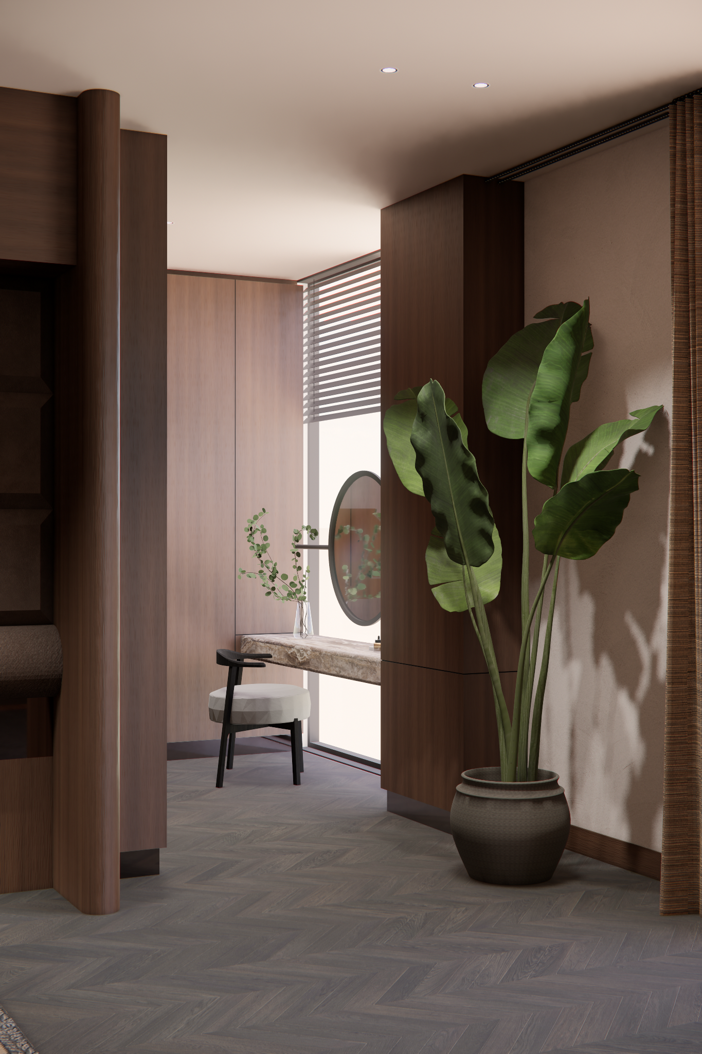 A contemporary hallway with herringbone floors, dark wooden walls, and large potted monstera plants creating an elegant ambiance.