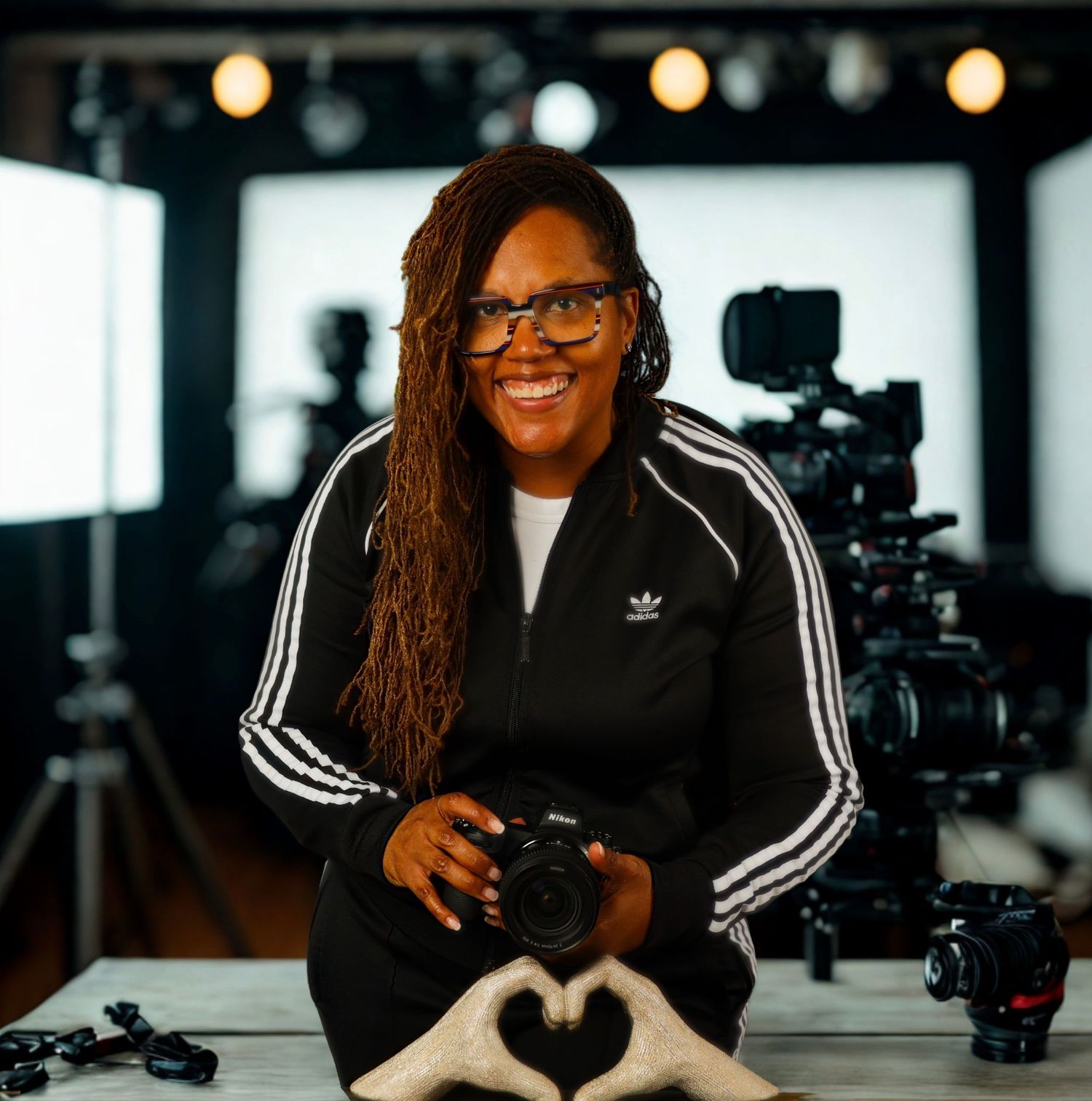 Founder of Speaking From the Lens Jasmine with a camera in her hand smiling.