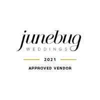 Junebug Weddings 2021 Approved Vendor badge in elegant black and white typography.