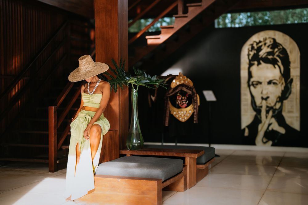 Wooden staircase and interior details of a traditional Balinese-style villa.
