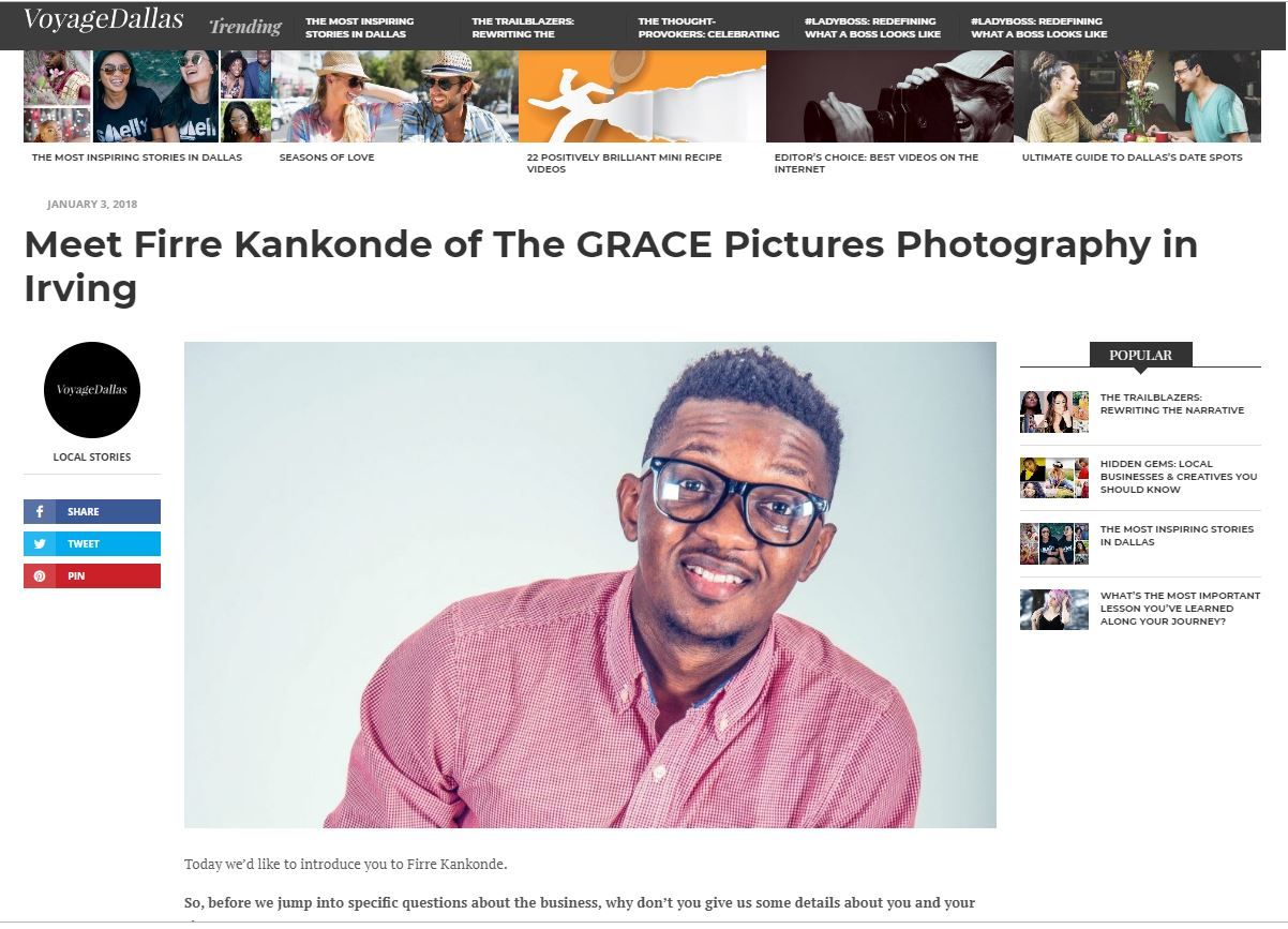 Voyage Dallas article featuring Firre Kankonde of The GRACE Pictures Photography in Irving, TX.