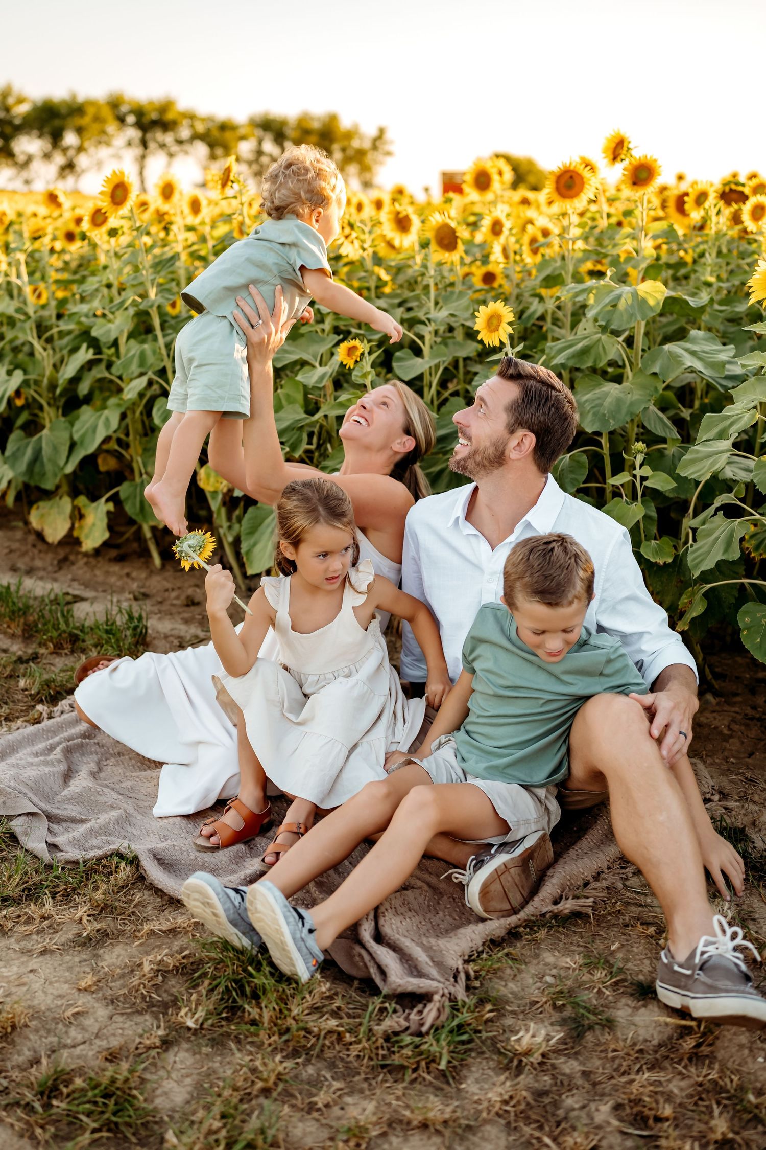 A heartwarming series of candid family moments in a sunflower field during golden hour.