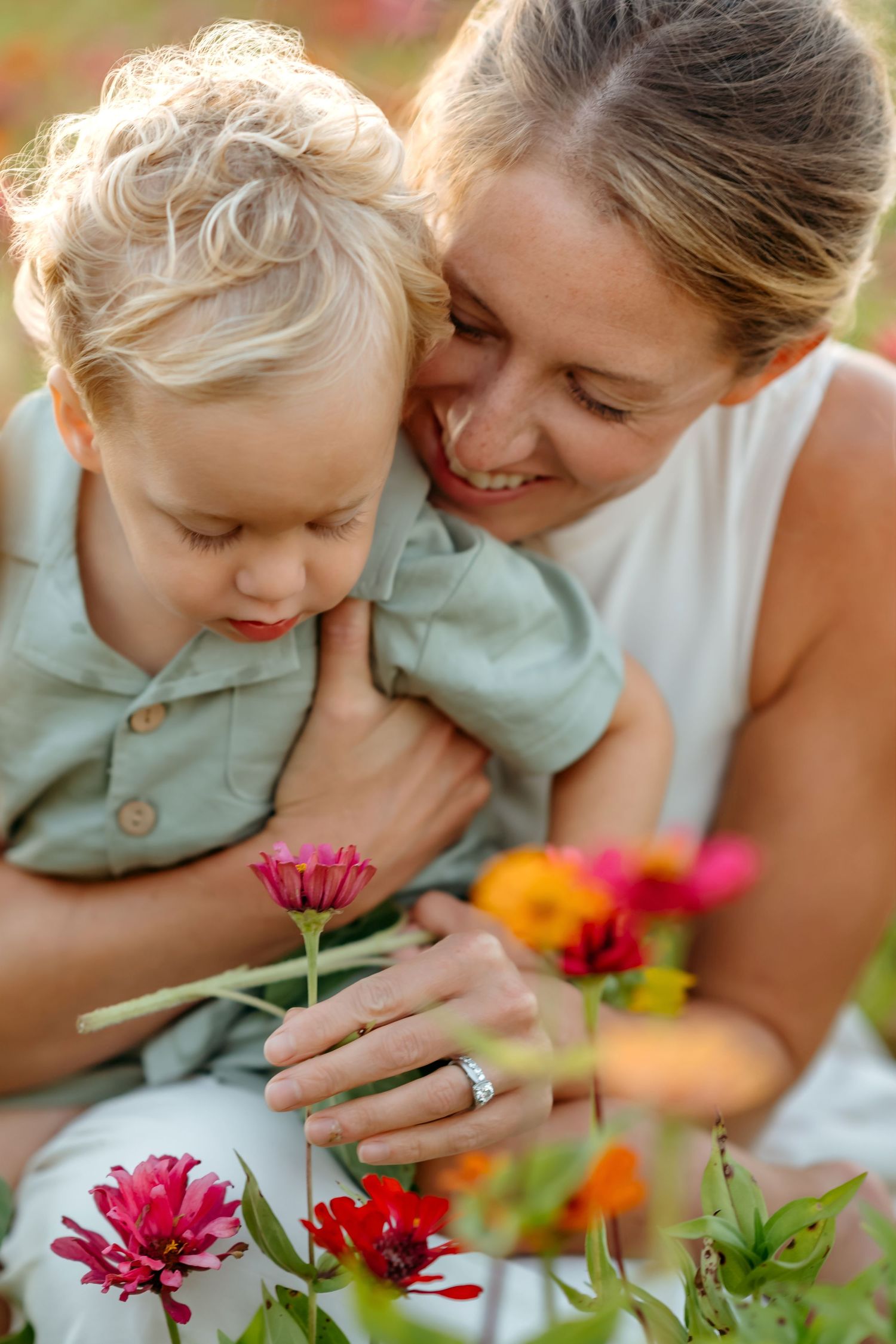 Close-up sequence showing gentle interaction with colorful flowers in a garden setting.