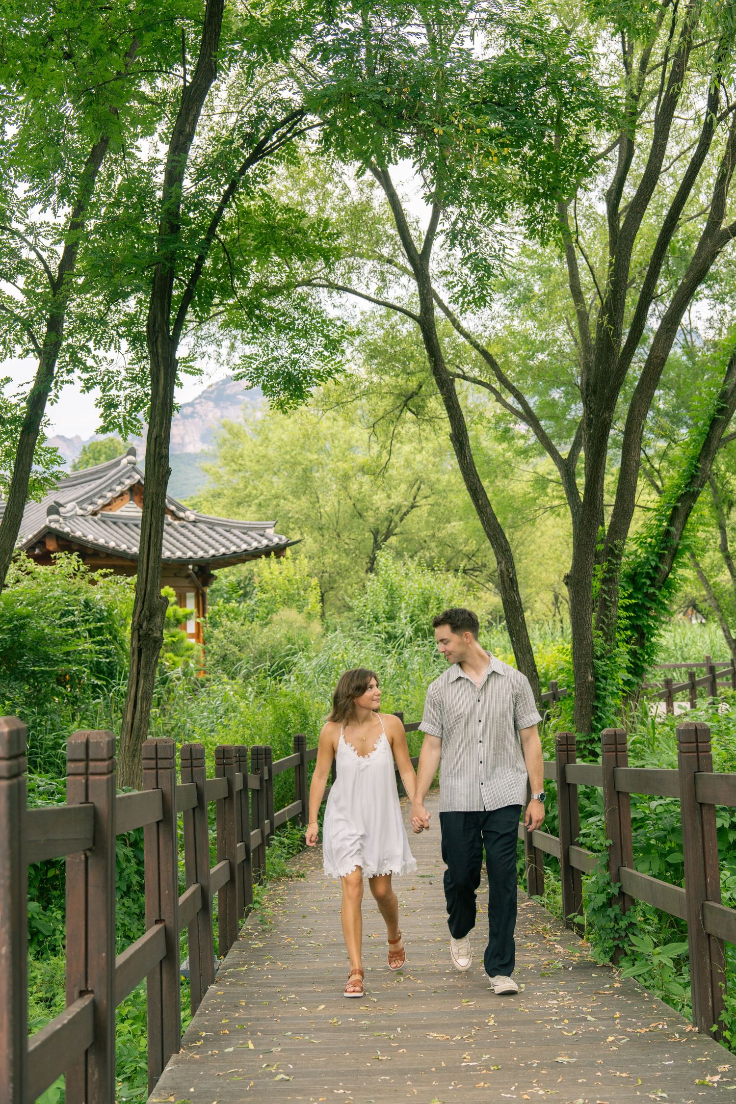 People walking on a green tree-lined path with wooden fencing on a summer day.