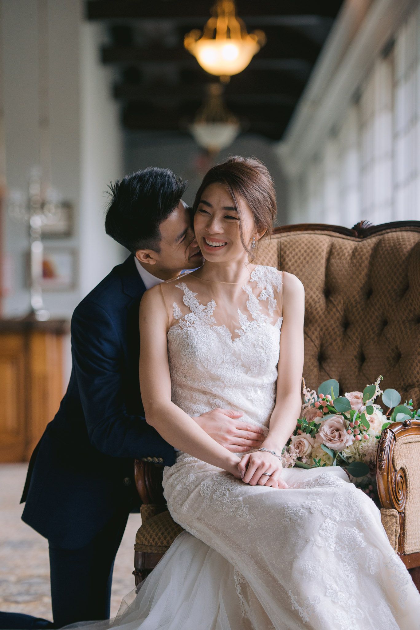A romantic wedding photoshoot sequence showing tender moments between a couple in a vintage-style indoor setting.