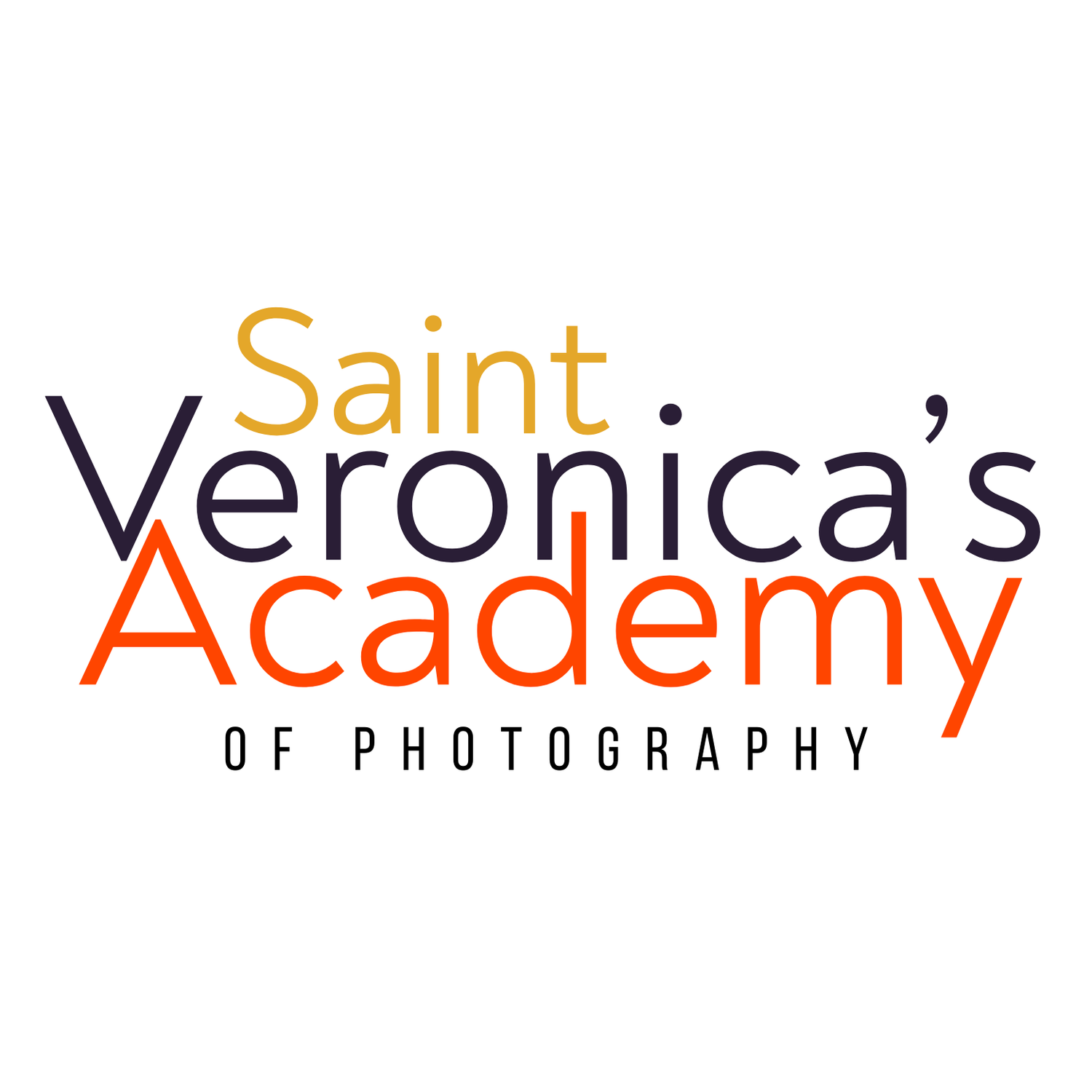Three variations of a photography academy logo in gold, red and black colors showing creative text treatment.