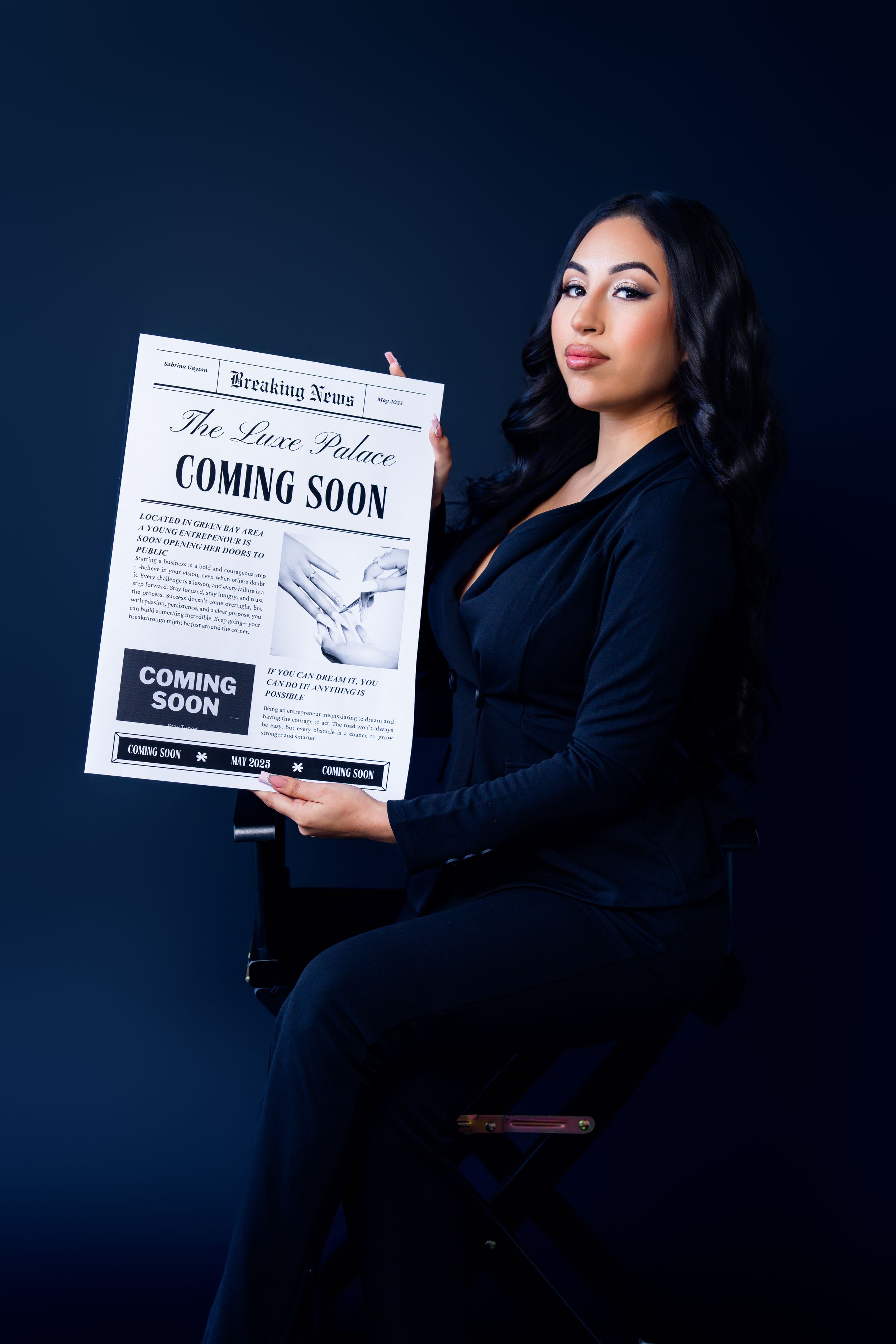 Dramatic portrait series against dark background holding newspaper announcements.