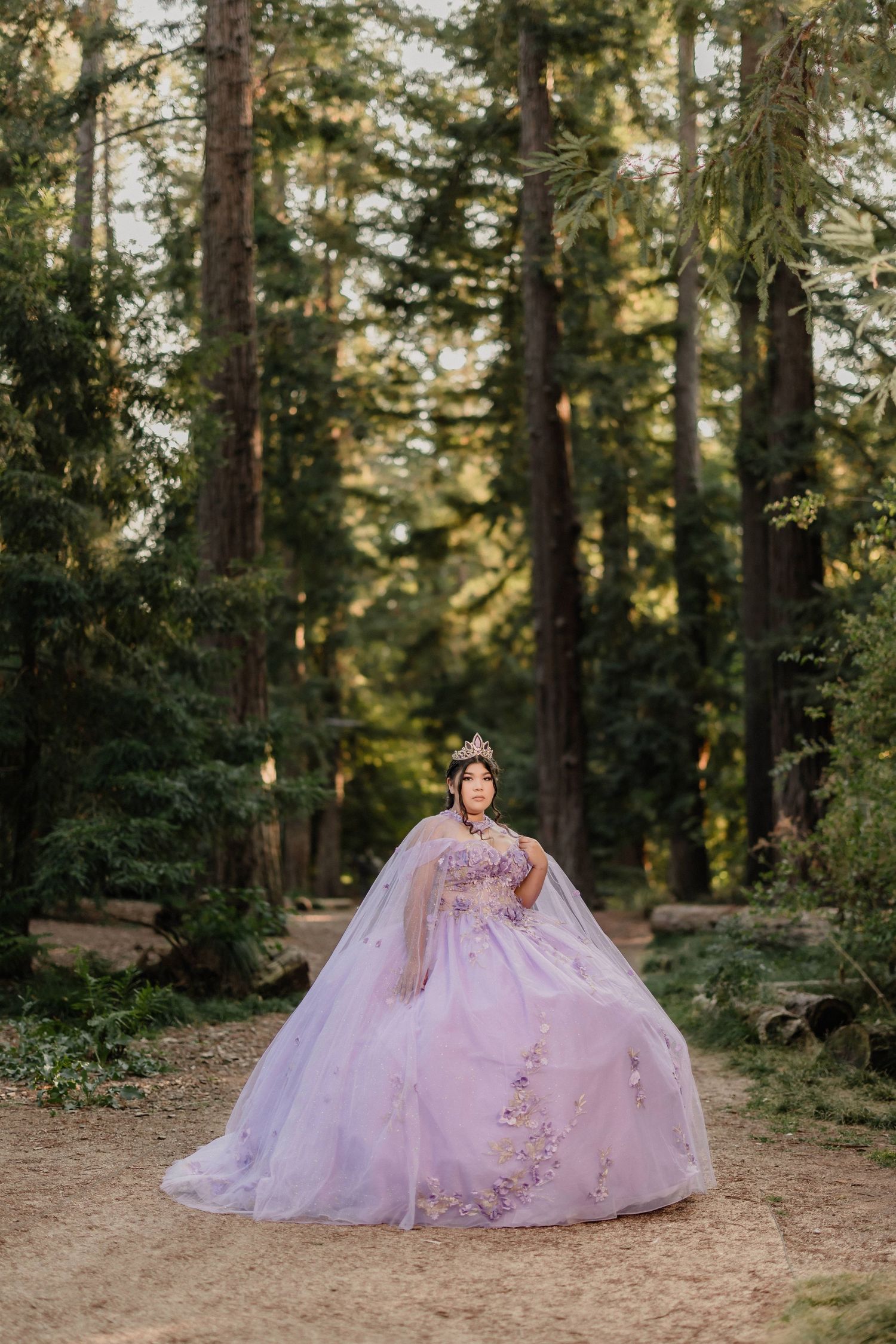 A person in a flowing lavender ballgown poses elegantly in a sun-dappled forest setting.
