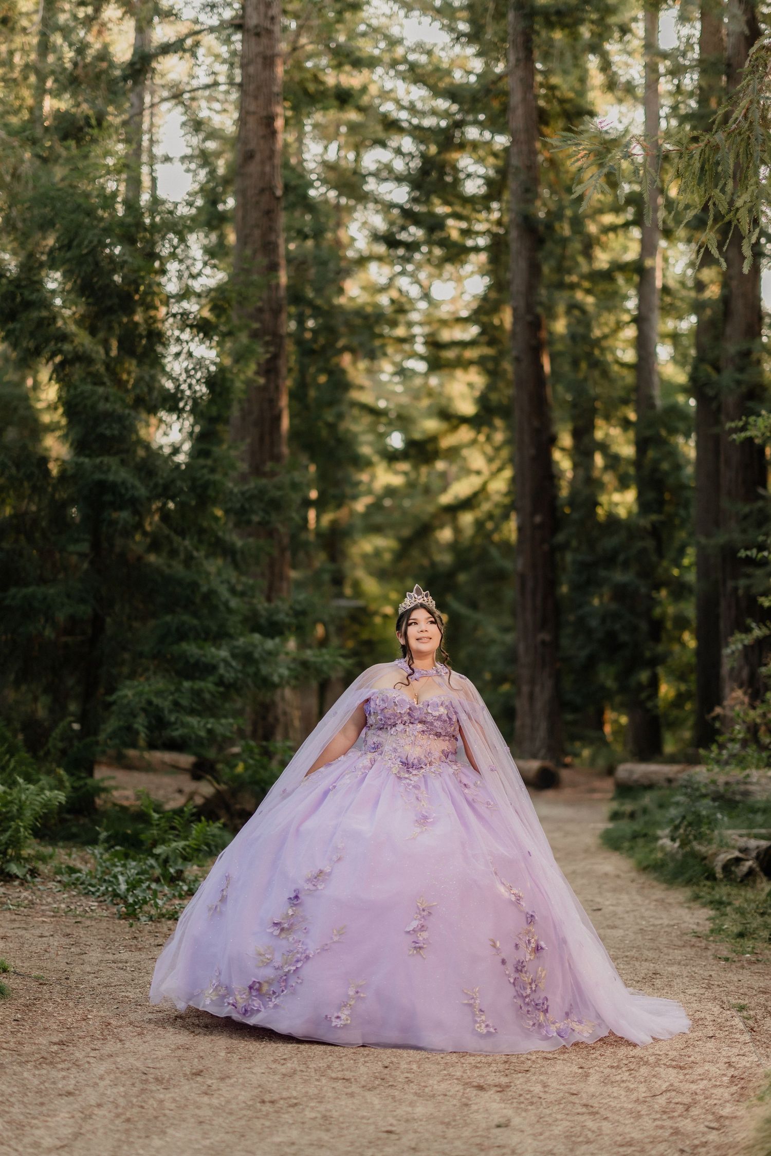 Dream quince photos showing a magical forest scene with a flowing lavender gown against towering evergreen trees.