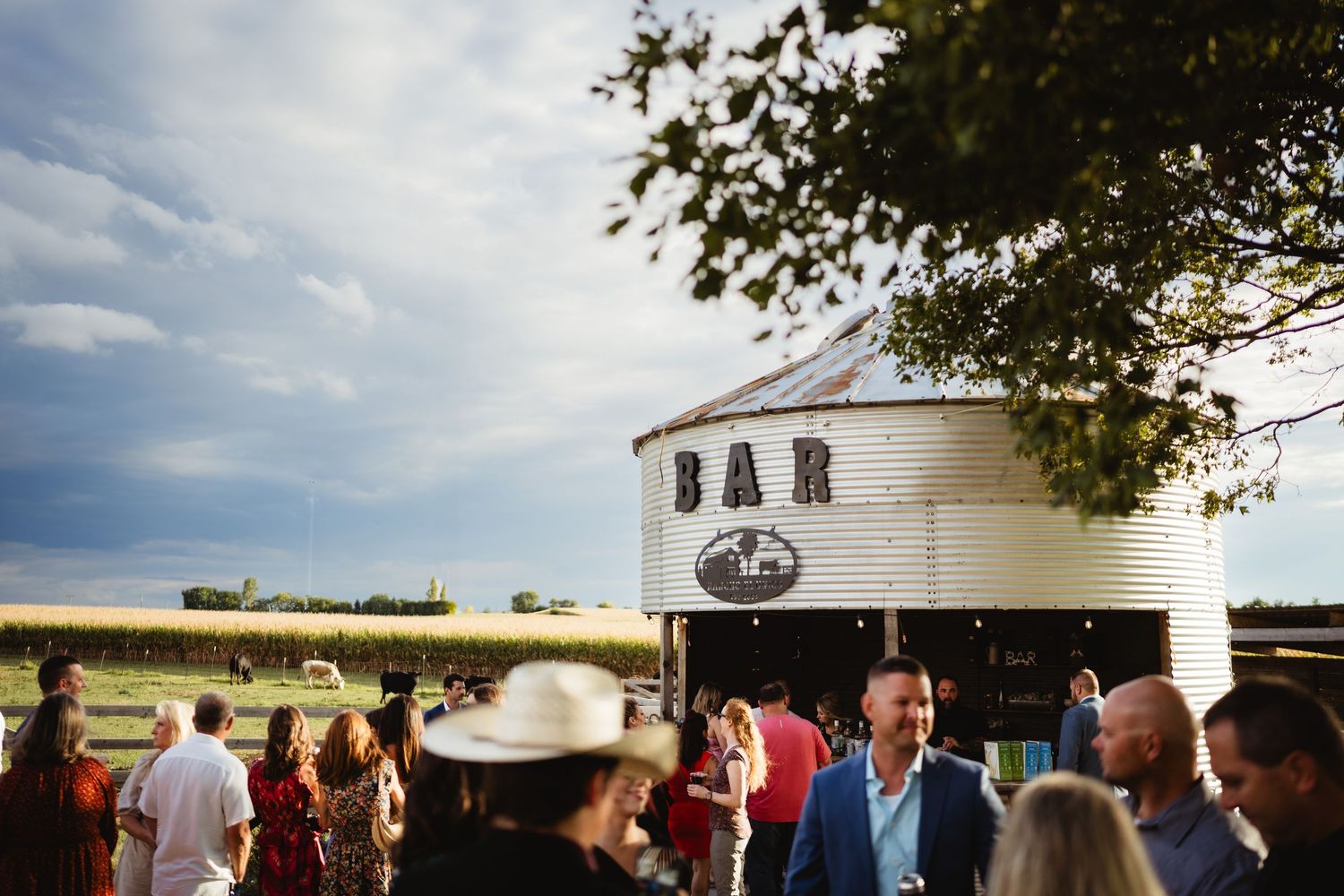 Wedding guests gather outside under trees at a farm venue during sunset for an outdoor celebration event.