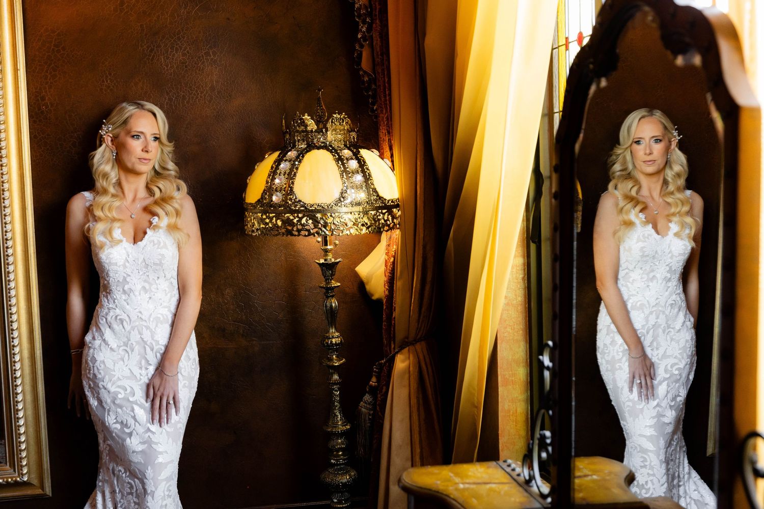 Wedding photos in an ornate venue with gilded mirrors and warm lighting.