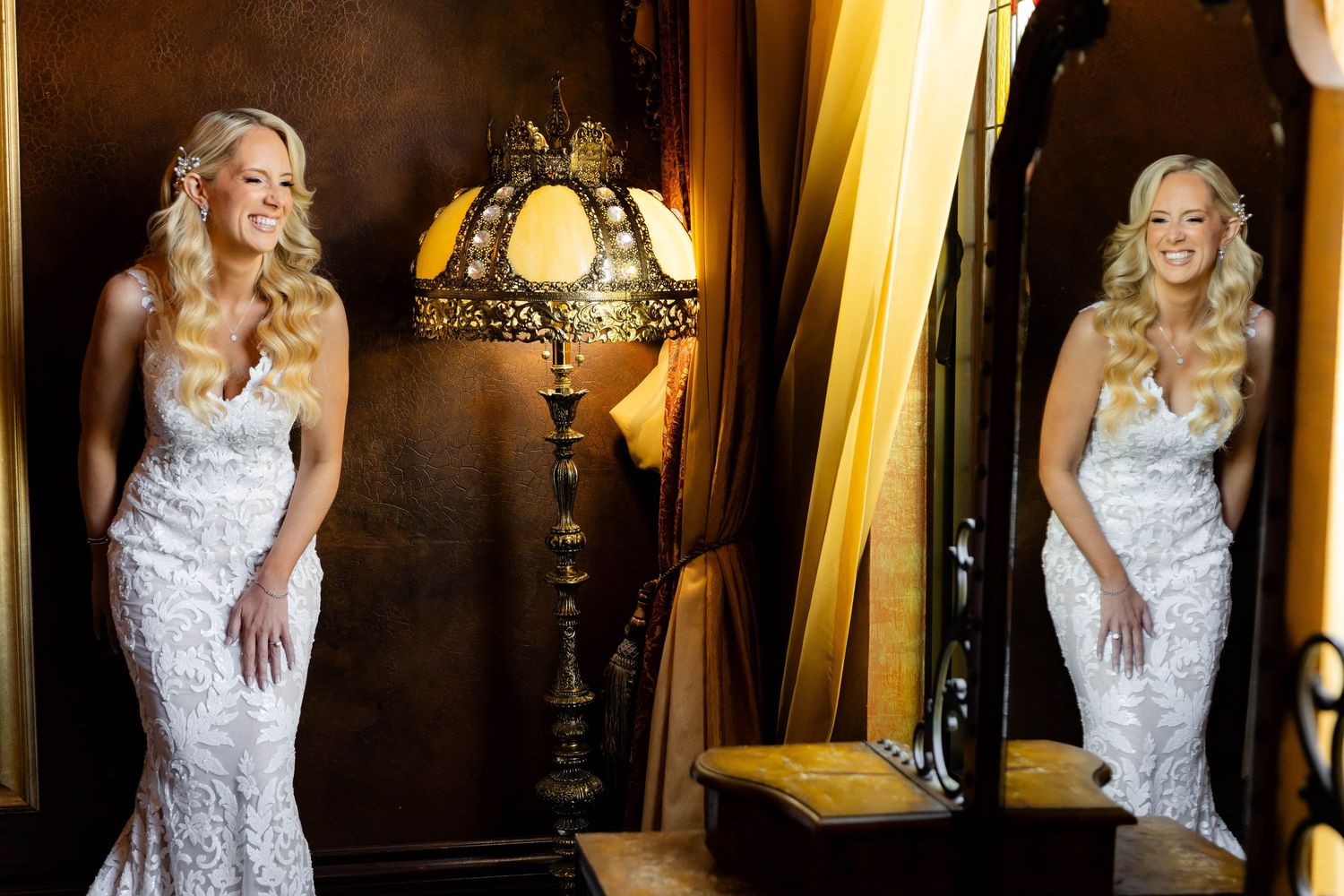 A series of elegant bridal portraits against a dark background with dramatic golden lighting.