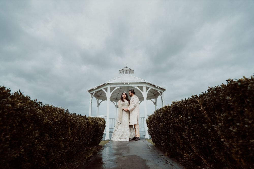 A panoramic collage of scenic wedding venue photos with ornate white gazebos and cloudy skies.