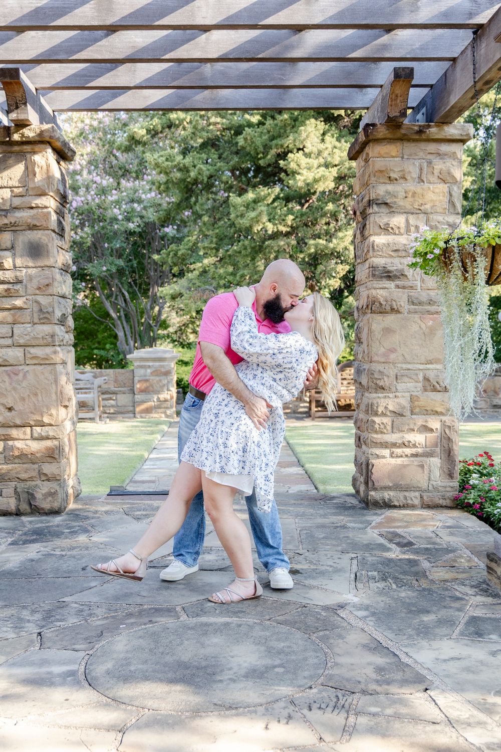 Engagement photos with pets at the gardens in Texas