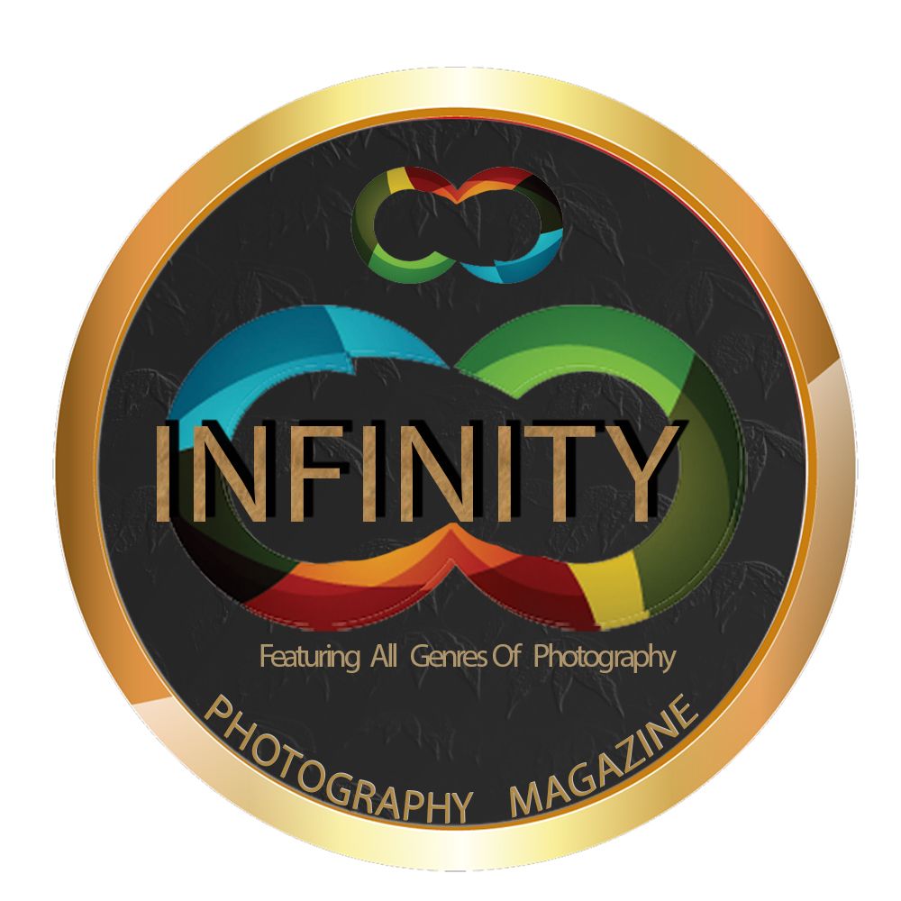 A circular logo for Infinity Photography Magazine featuring colorful interlinked rings on a black background with gold border.
