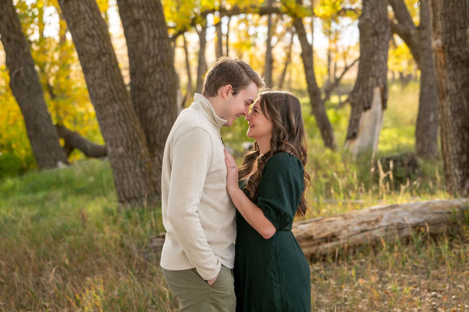 A romantic couple shares a tender moment in a sunlit forest during autumn with golden leaves in the background.