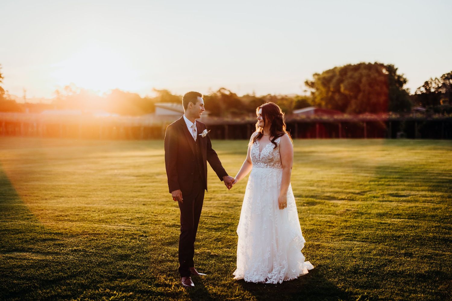 A wedding couple walks hand in hand across a golden sunlit field during sunset creating a romantic silhouette.