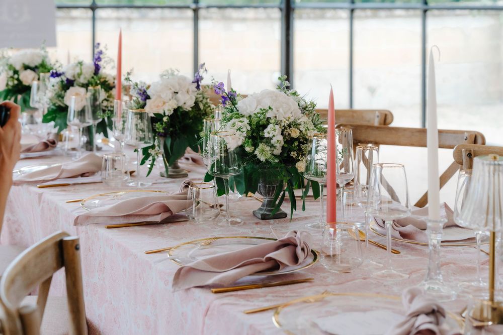 Sudeley Castle Wedding Zara Davis Photography Cotswolds Gloucestershire Photographer pink table scape in conservatory