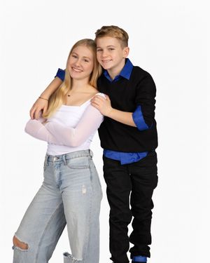 Two people in casual clothing pose together playfully in a series of four connected photos against a white background.