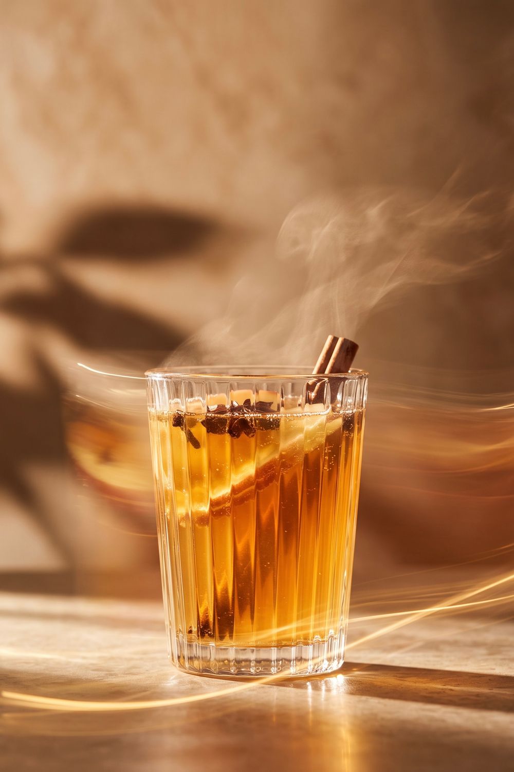 Steaming hot spiced apple cider in a glass with cinnamon stick and lemon slice on warm golden background.