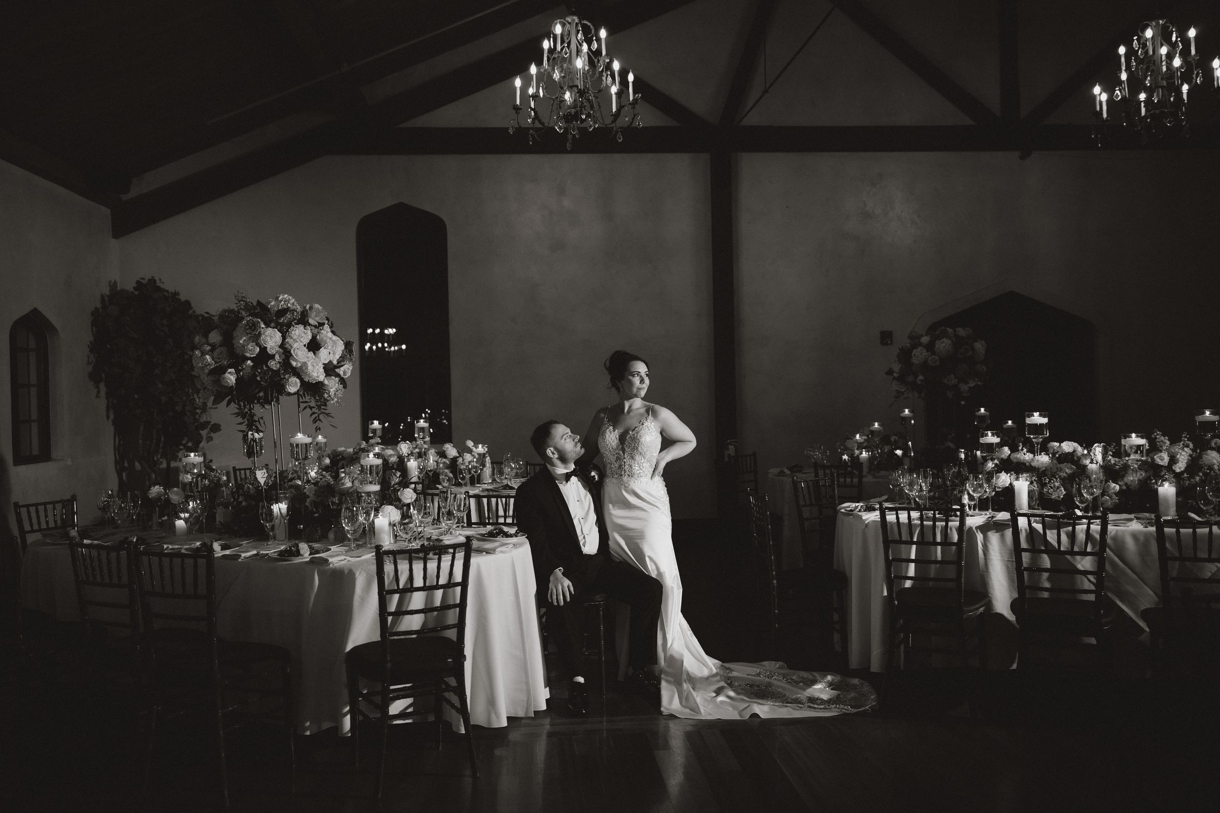 black and white wedding photo at winery