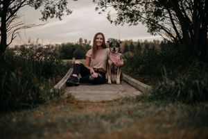 A serene sunset scene with someone sitting on a wooden dock alongside a loyal brown dog in tall grass.