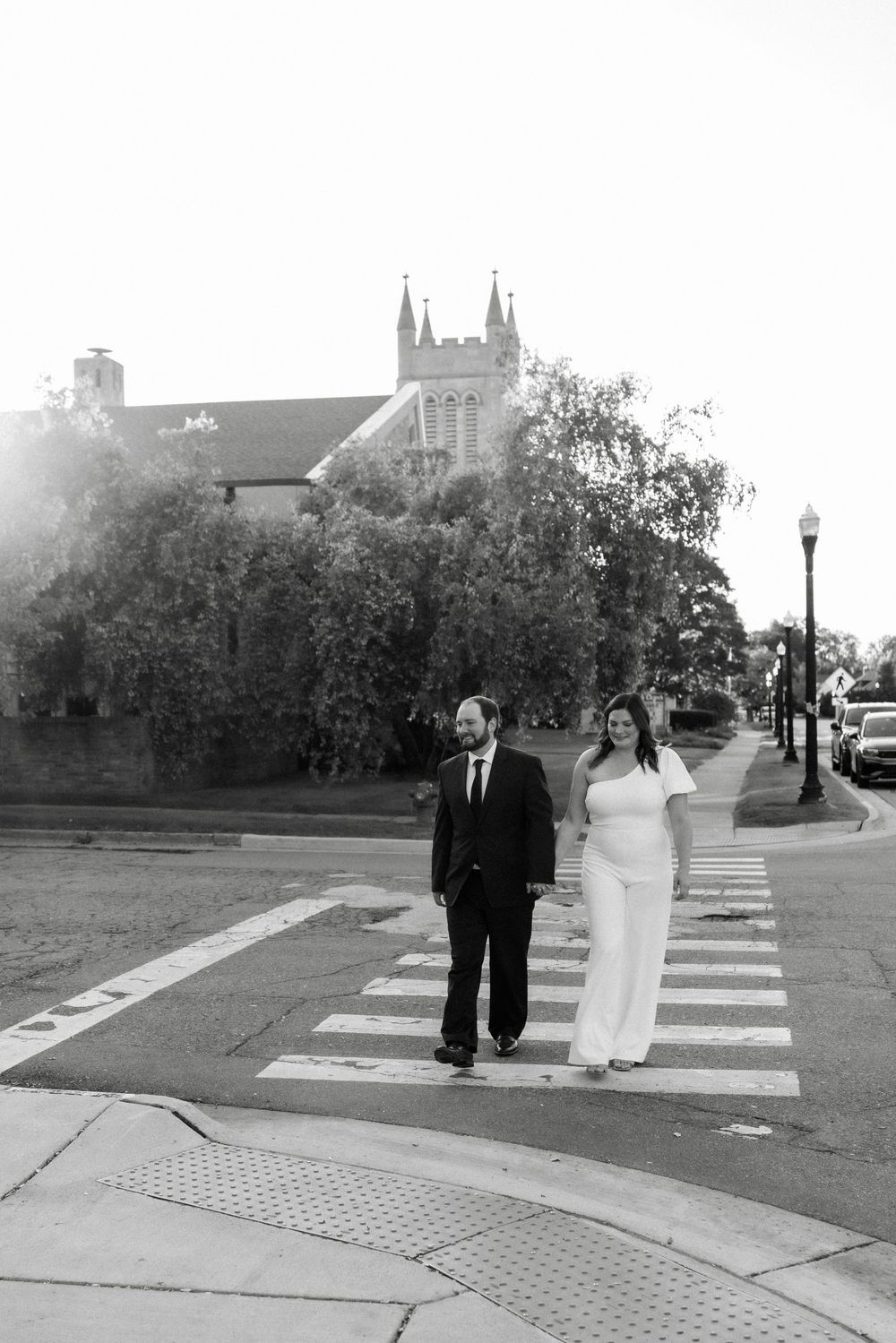 Engaged, couple, classy, black and white, vintage, pinterest aesthetic, walk through town, downtown