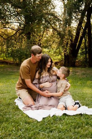 A family of three during a family photo session at The League House in Amarillo, Texas