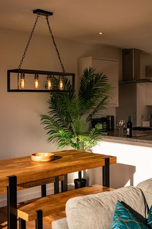 Rustic dining area with industrial chandelier, wooden table, and decorative palm plant under warm lighting.