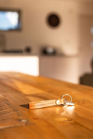 Wedding rings on a rustic wooden table with warm lighting and shallow depth of field.