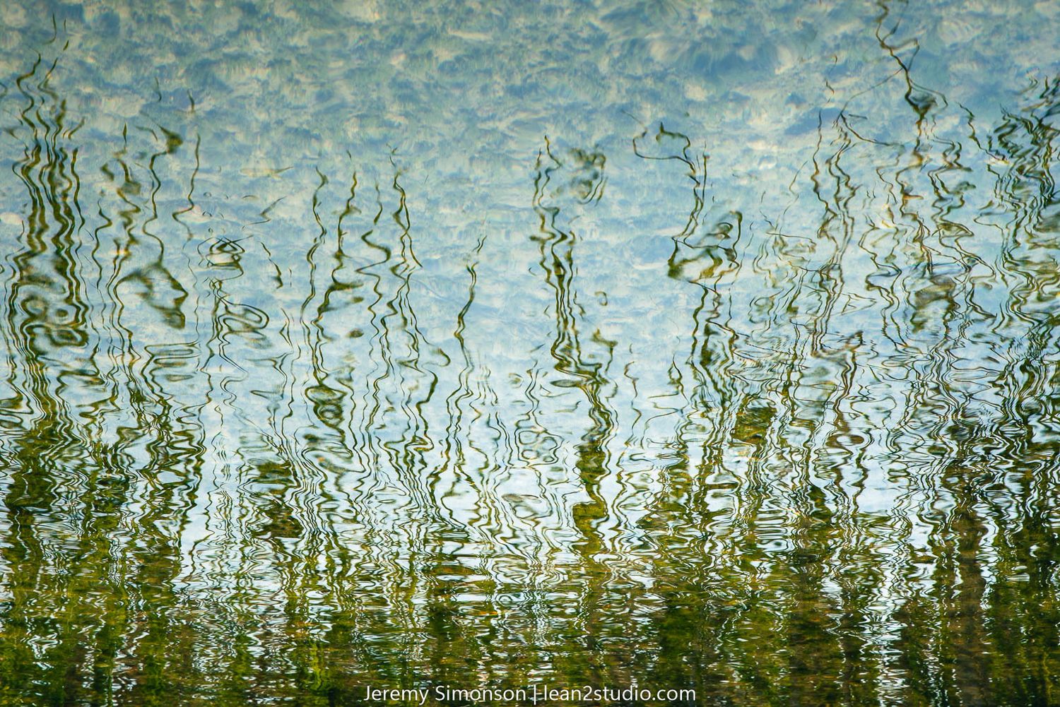 Distorted water reflections of green plants creating abstract vertical patterns.