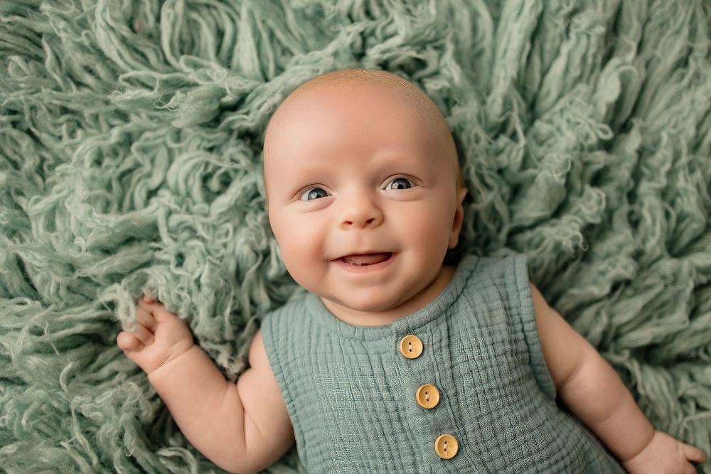 Baby in sage green knit outfit smiles while laying on textured green blanket.