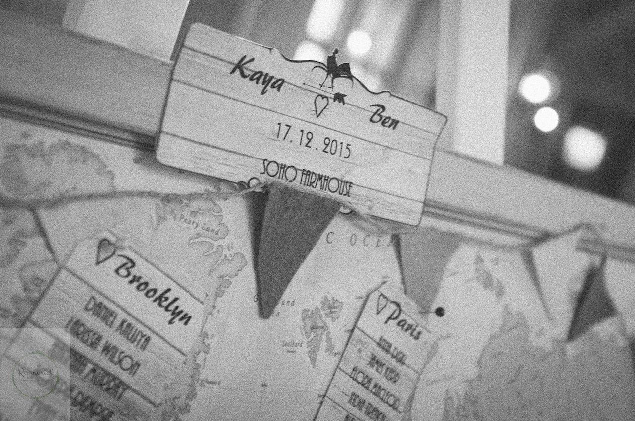 Reportage detail shot of wedding breakfast top table plan