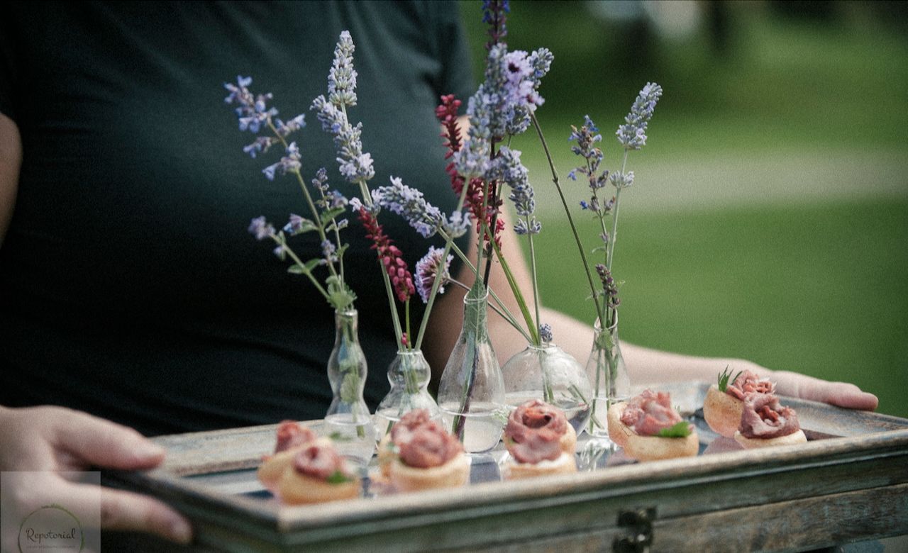 Reportage detail shot of wedding reception canapés