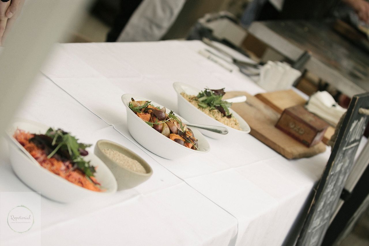 Reportage detail shot of wedding breakfast food service accompaniments